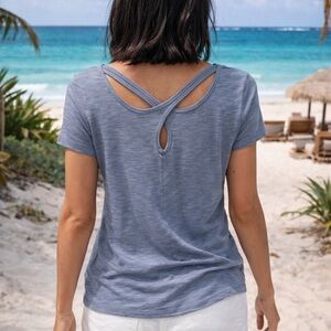 🌸White House Black Market Short Sleeve Crisscross Back Linen Tee in Blue XS